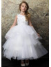 Beaded White Lace Tulle Layered Flower Girl Dress